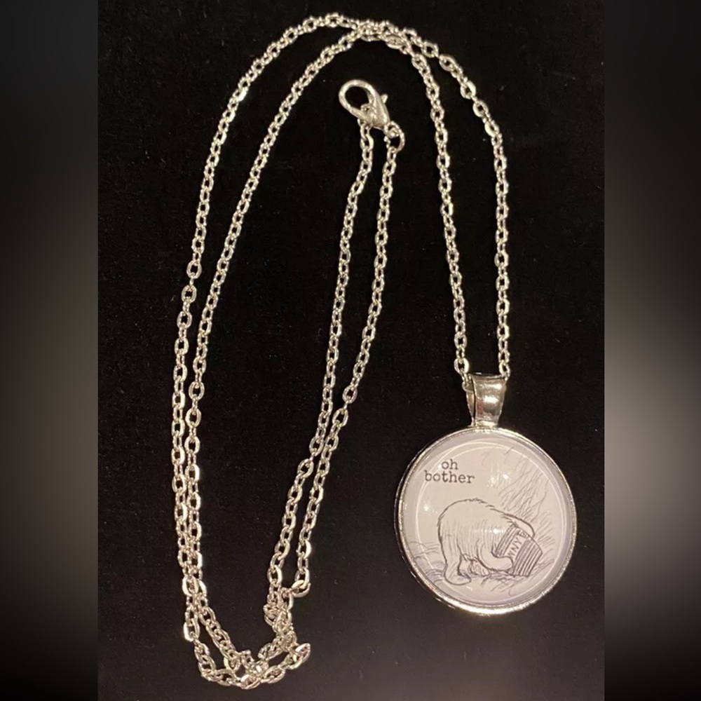 New Winnie the Pooh Necklace 24” Chain Round Glass Cabochon Pendant “Oh Bother”